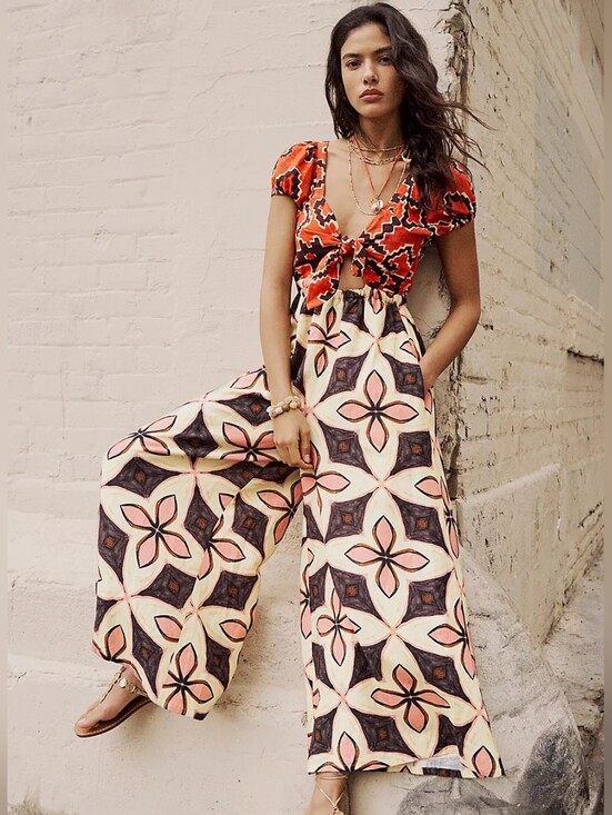 Free People Pants - Free People Red Tie-Front Floral Wide-Leg Jumpsuit